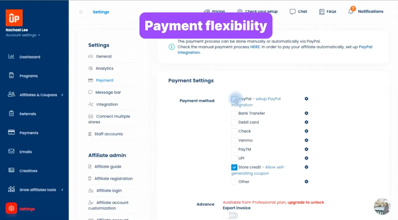 UpPromote app feature offering various payment options to streamline commission payouts and support affiliates effectively